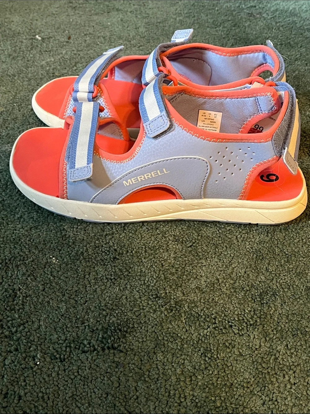 Kids Coral and Light Blue Merrell Sandals